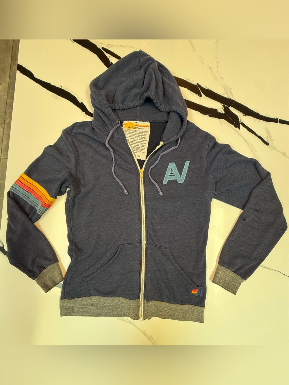 RARE Aviator Nation Retro Rainbow Stripe Zip Hoodie Blue Gray L